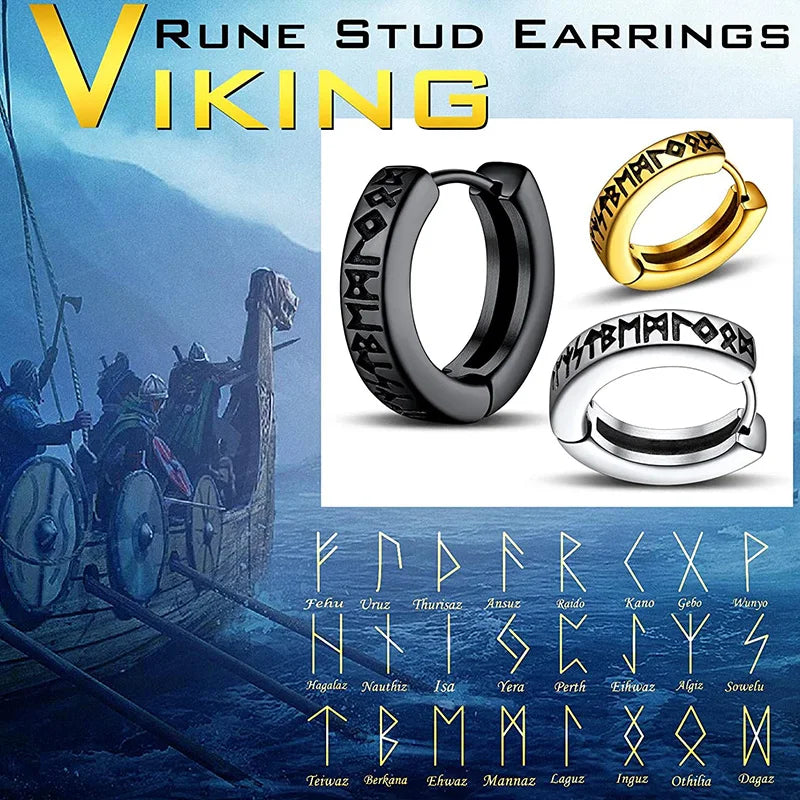 Norwegische Wikinger-Rune-Creolen aus Edelstahl für Männer und Frauen, Unisex, 12 mm, Huggie-Creolen, religiöser Ohrring-Schmuck