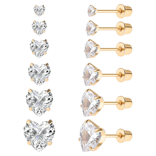 6-teiliges Ohrstecker-Set aus Edelstahl mit Schraubverschluss, vergoldet, Herz, Stern, quadratisch, Prinzessinnenschliff, rund, Zirkonia, CZ