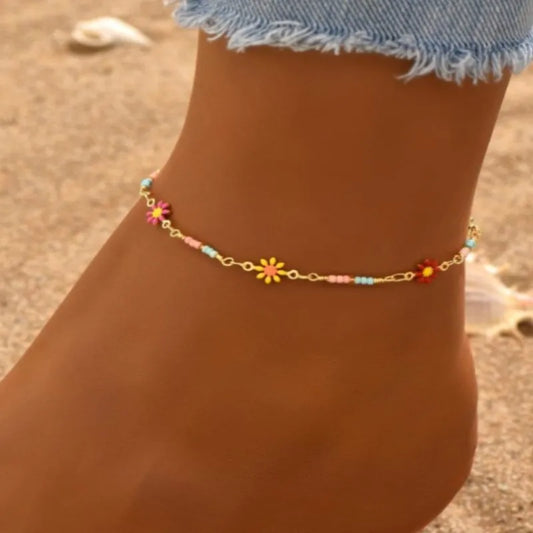 Süße Mode Chrysantheme Gänseblümchen Kette Fußkettchen für Frauen Sommer Boho Chic Gänseblümchen Perlen Fuß Kette Party Berufung Schmuck Geschenke