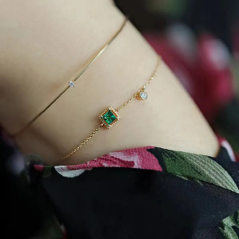 Neues quadratisches Armband aus 925er-Sterlingsilber, Temperament, grüner Zirkon, glänzendes Damenarmband, Geburtstagsgeschenk, exquisite Accessoires