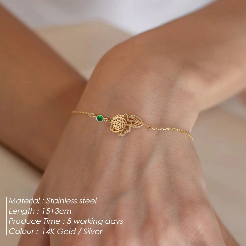 eManco Geburtstagsblume mit Geburtssteinen-Armbändern für Frauen, Edelstahl-Schmuck, individuelles Armband, personalisierte Geschenke für Freundin