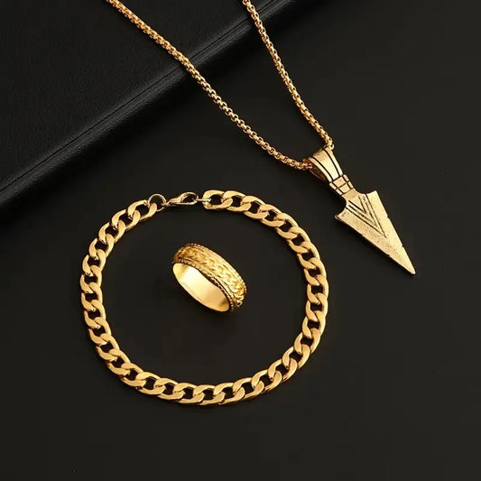 3-teiliges Set Pfeil-Schmuckset, Punk-Hip-Hop-Kette, Armband, Ring, Halskette für Damen und Herren, cooler Stil, Party-Schmuck, Geschenke