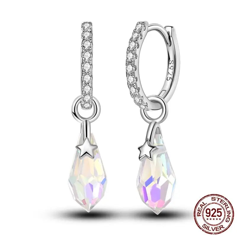 Leuchtende Muschel-Ohrringe für Damen, Original-Ohrringe aus 925er-Sterlingsilber, Pavé-CZ-Stern, Mond, Creolen, Verlobung, Hochzeit, Schmuck