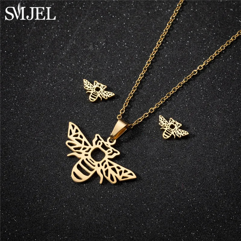 Korea Stil Edelstahl Schmetterling Schmuck Sets für Frauen Cartoon Biene Insekt Anhänger Halskette Mädchen Sommer Strand Hochzeit Geschenk