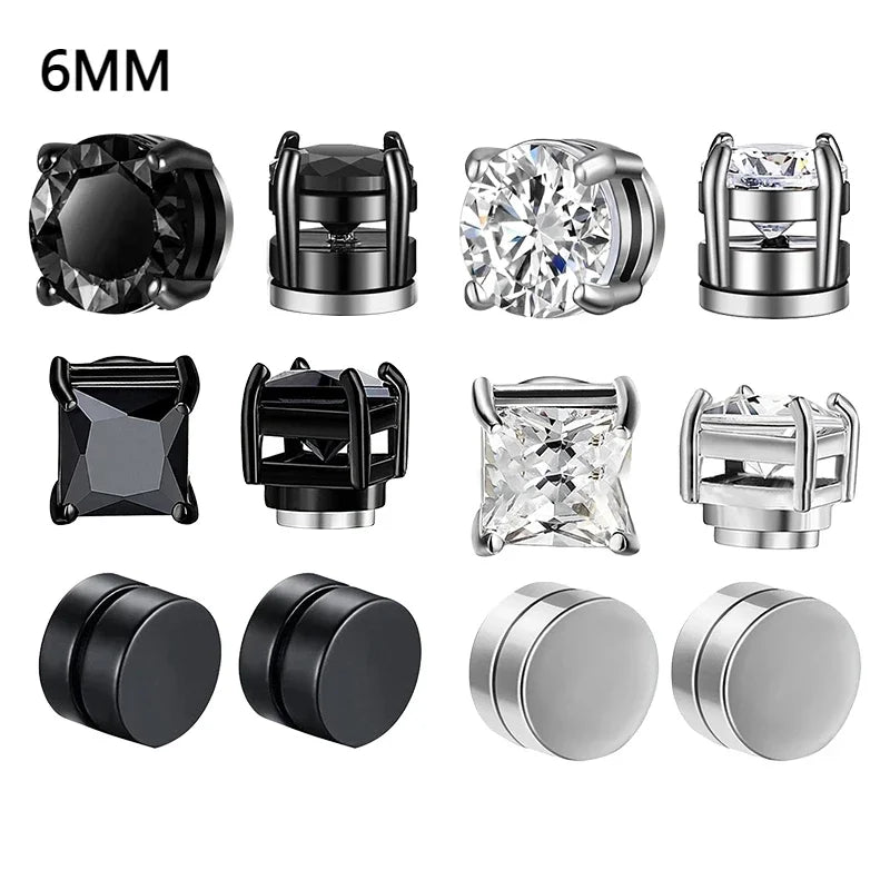 6-teiliges Set, Kristall, starke magnetische Ohrstecker-Clip-Ohrringe für Männer und Frauen, Punk, runde Zirkon-Magnet-Ohrringe, nicht durchdringender Schmuck