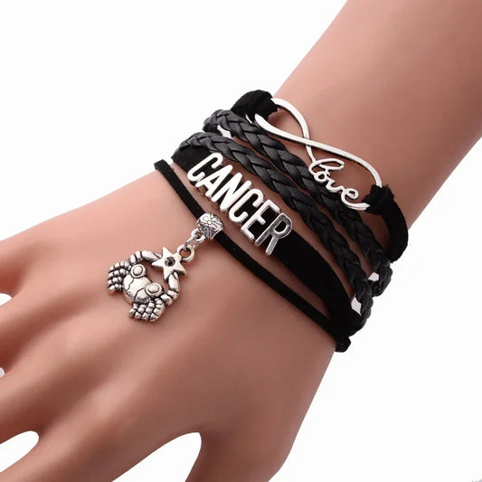 12-Sternbild-Sternzeichen, schwarzes geflochtenes Lederarmband, Krebs, Löwe, Jungfrau, Waage, gewebter Schmuck, Punk-Männer-Anhänger-Armband