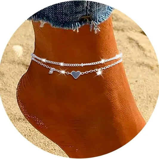 Wasserdichtes Fußkettchen-Armband für Damen, zierliche Edelstahl-CZ- und Herz-Charm-Fußkettchen mit zierlicher Schichtkette für Teenager-Mädchen im Trend