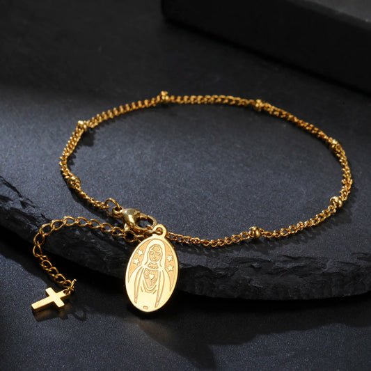 Edelstahl Perlen Kreuz Jungfrau Maria Anhänger Armband Modeschmuck Armband Geschenk für Frau