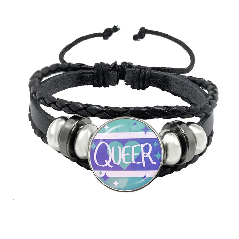 LGBT Schwarz Weave Leder Armband Bi Stolz Glas Cabochon Homosexuell Stolz Regenbogen Flagge Foto Armreif Schmuck Für Frauen Männer Liebhaber geschenk