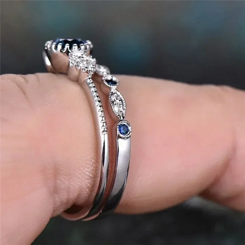 2 Teile/satz Luxus Grün Blau Stein Kristall Ringe Für Frauen Silber Farbe Hochzeit Verlobung Ringe Schmuck