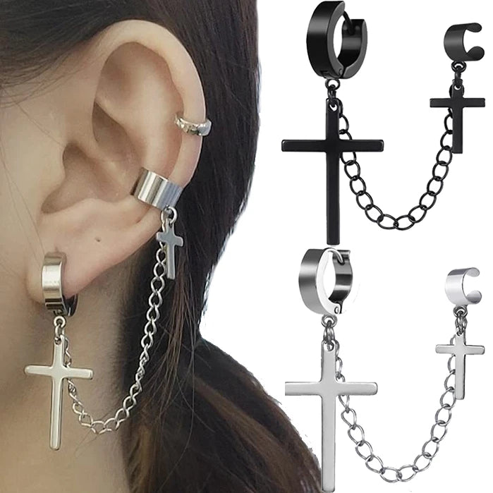 Punk Kreuz Quaste Ohrringe Frauen Integrierte Clip Stud Ohrring Christian Gothic Hip Hop Schmuck Metall Kette Ohr Ring Ohrring Männer