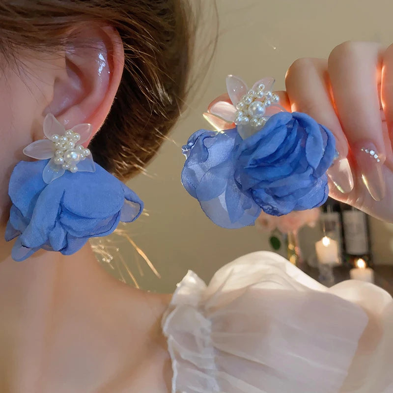 Rosa Blumen Mesh Lange Quaste Ohrringe Für Frauen Süße Temperament Kristall Tropfen Baumeln Ohrring Party Hochzeit Schmuck Großhandel