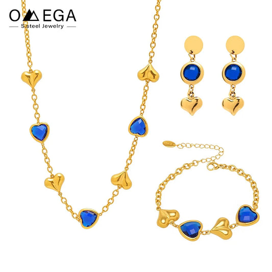 Edelstahl-Halskette, Armbänder, Ohrringe für Frauen, 6 Farben, Herz, facettierte tschechische Glas-Halsketten, Armband, baumelnde Ohrringe-Set