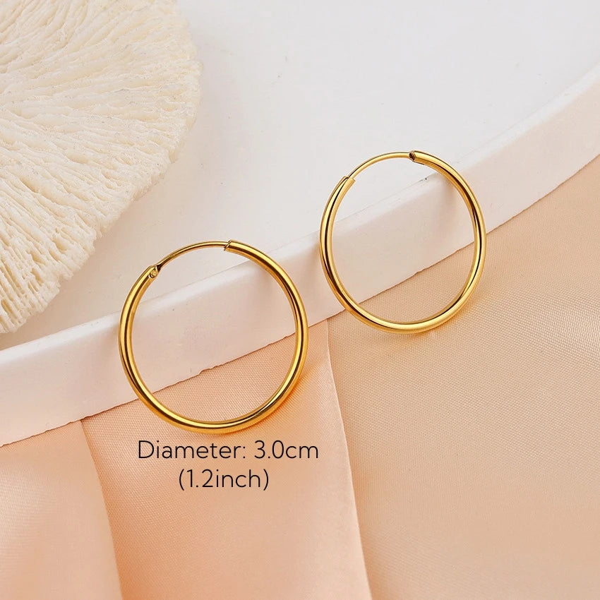 Vergoldete glatte runde Kreis-große Creolen für Damen, Größe 12/25/30/40/50/60 mm, Edelstahl, Schmuck, Accessoires, Geschenke