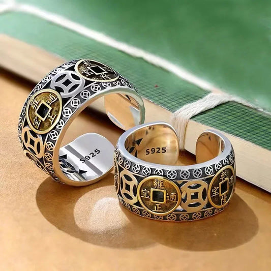 Chinesischer Feng Shui Pixiu Ring, versilbert, Kupfermünzen, verstellbare Ringe für Damen und Herren, Amulett, Reichtum, Glücksschmuck, Geburtstagsgeschenk