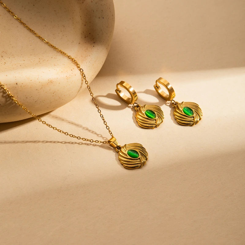 Uorich Vintage Mode Edelstahl vergoldet 18k eingelegte farbige Opal Halskette Ohrringe für Frauen Schmuck Set Party Geschenk