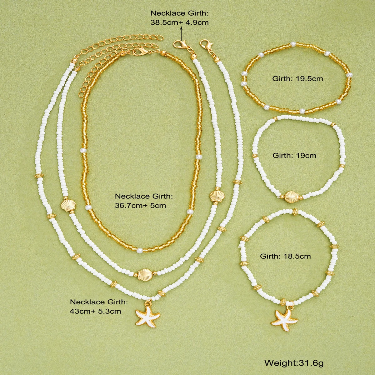 6 Teile/satz Reis Perlen Shell Seestern Anhänger Halskette Armbänder Böhmischen Elegante Gold Weiß Farbe Schmuck Set Urlaub Zubehör