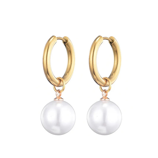 Mode Imitation Perle Anhänger Edelstahl Hoop Ohrringe Frau Runde Weiße Perlen Temperament Elegante Tropfen Baumeln Schmuck