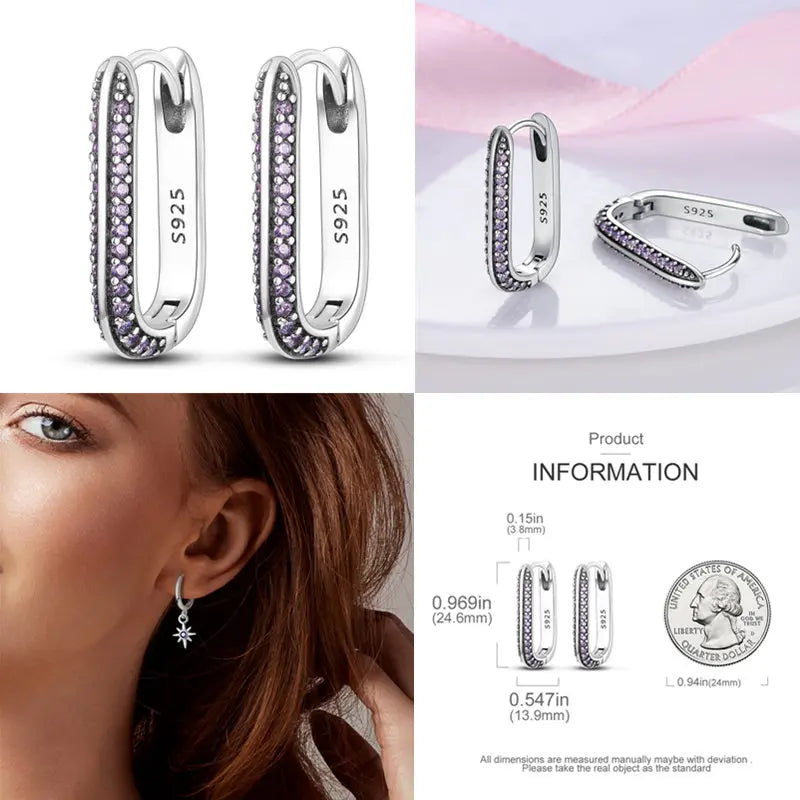 2024 Hotsale Ohrringe aus 925er-Sterlingsilber, Creolen mit Pavé-CZ-U-Form, Zirkon für Frauen, funkelnd, mit Größe, Modellanzeige