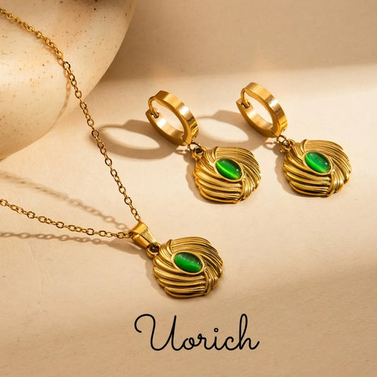 Uorich Vintage Mode Edelstahl vergoldet 18k eingelegte farbige Opal Halskette Ohrringe für Frauen Schmuck Set Party Geschenk