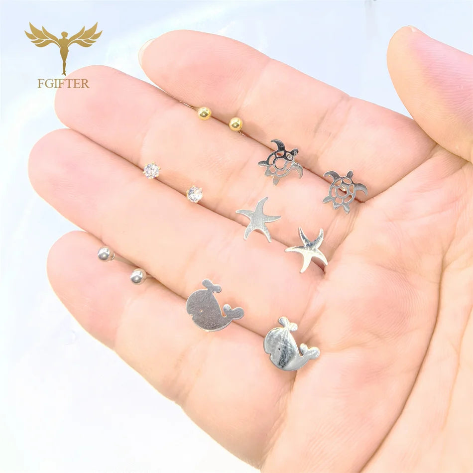 6-teiliges süßes Meeresschildkröten-Seestern-Wal-Ozean-Tier-Ohrring-Set aus Edelstahl, Ohrstecker, Modeschmuck, Mädchen-Geschenke