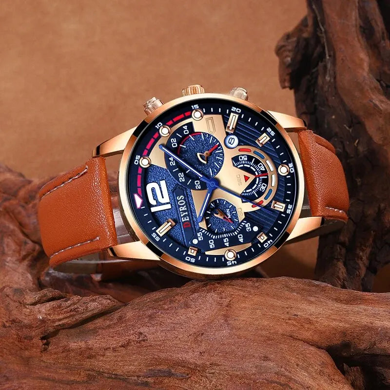 2 Stück Set Mode Herren Kalender Uhren Luxus männlich Business lässig braun Leder Quarzuhr Männer Armband Armbanduhr