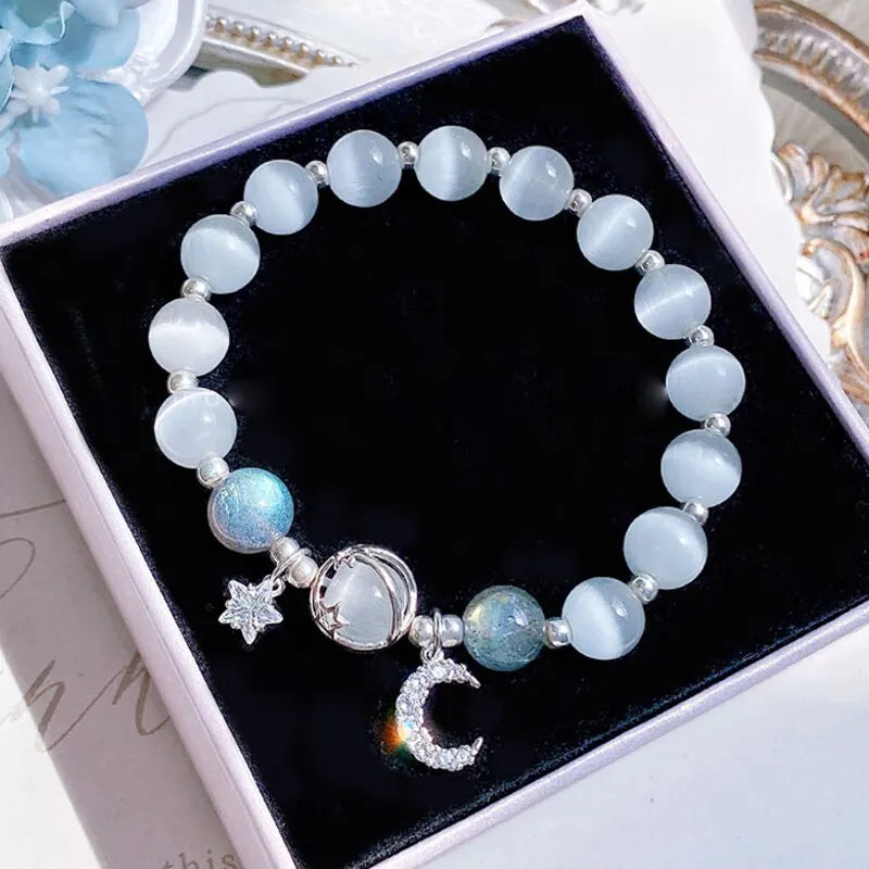 Blau Lila Farbe Opal Stein Armband Für Frauen Mädchen Glänzende Kristall Armbänder Mond Sterne Anhänger Armreifen Armband Schmuck
