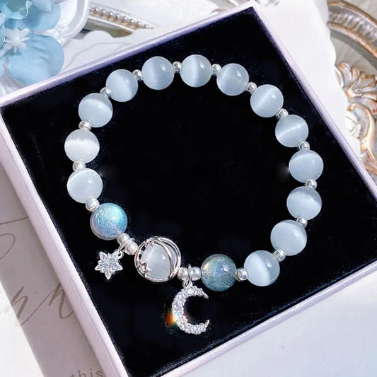 Blau Lila Farbe Opal Stein Armband Für Frauen Mädchen Glänzende Kristall Armbänder Mond Sterne Anhänger Armreifen Armband Schmuck
