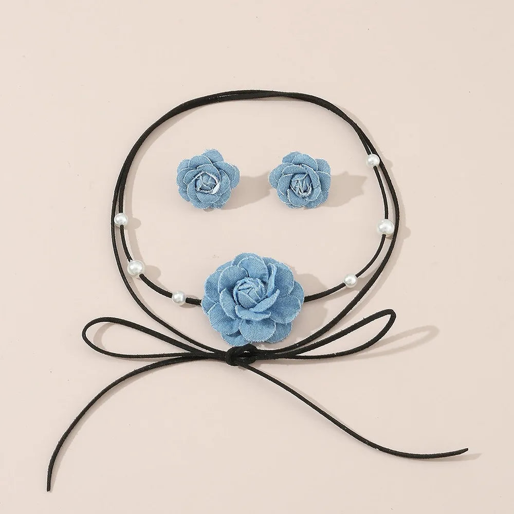 2-teiliges Denim-Kamelien-Perlen-Krawatten-Halsketten-Ohrring-Set für Damen, Modeschmuck, Geschenk
