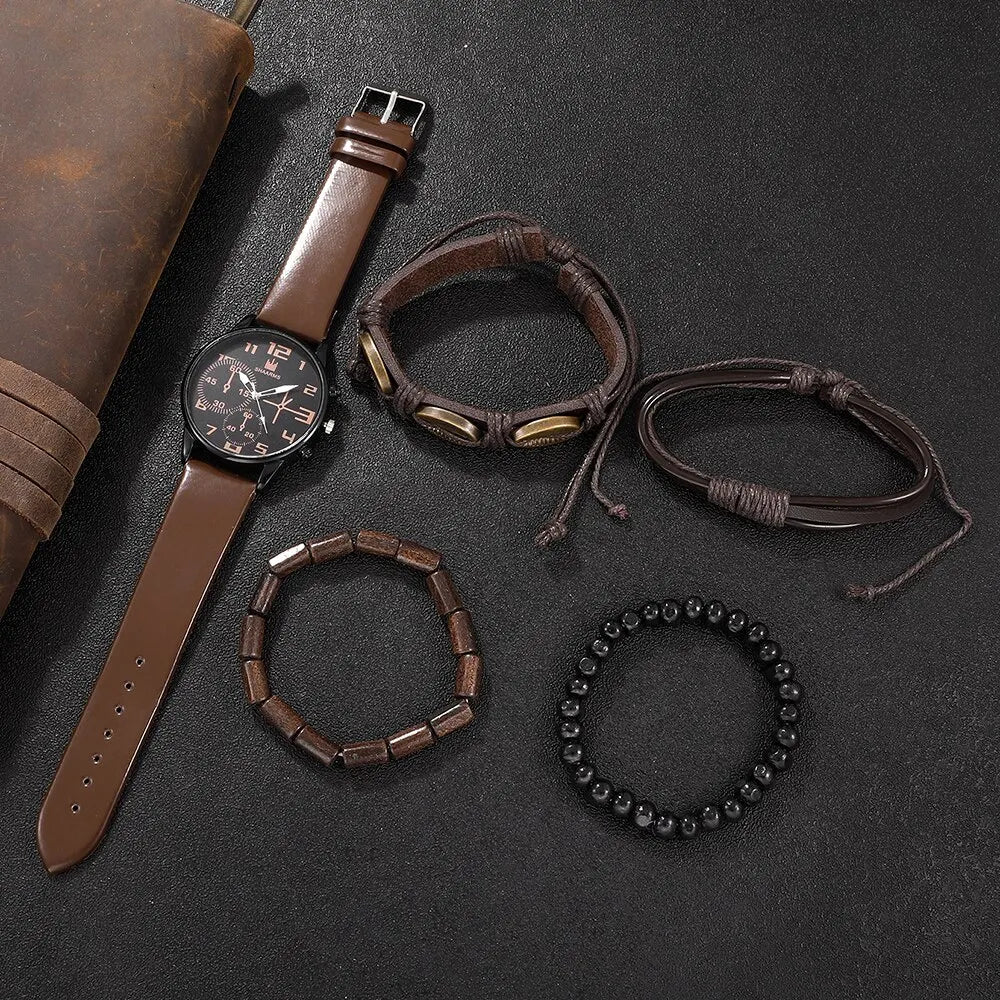 5PCS Set Mode Herren Sport Armband Uhren Für Männer Retro Große Zifferblatt Quarz Armbanduhr Klassische Männliche Casual braun Leder Uhr