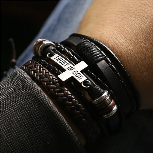 WESTBULL 3 Teile/satz Multilayer Leder Armbänder Für Männer Kreuz Charme Homme Armreifen Geschenk Schmuck