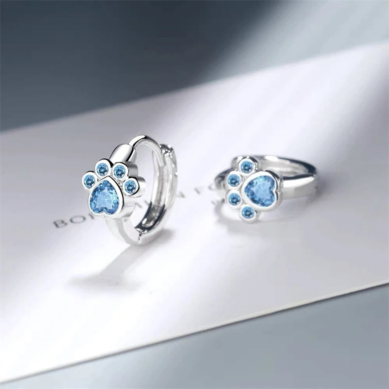 Silberfarbene Katzenpfote-Creolen, hellblaue Herzform, runder Kristallstein, niedliche Mädchen-Ohrringe, Schmuck, Festival-Party
