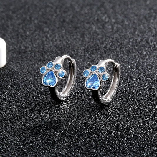 Silberfarbene Katzenpfote-Creolen, hellblaue Herzform, runder Kristallstein, niedliche Mädchen-Ohrringe, Schmuck, Festival-Party