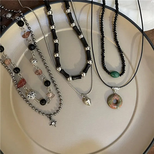 2-teiliges Halsketten-Set mit Vintage-Friedenschnalle-Anhänger, Naturstein-Perlen, Ketten, Halsband-Halsketten-Set für Damen und Herren, chinesischer Stil, Schmuck