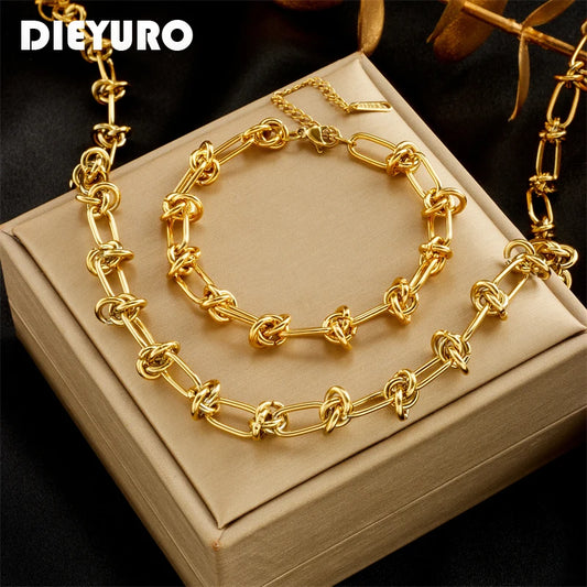 DIEYURO 316L Edelstahl Gold Silber Farbe Twist Knoten Halskette Armbänder Für Frauen Mädchen Neue Mode Lichtecht Schmuck Set