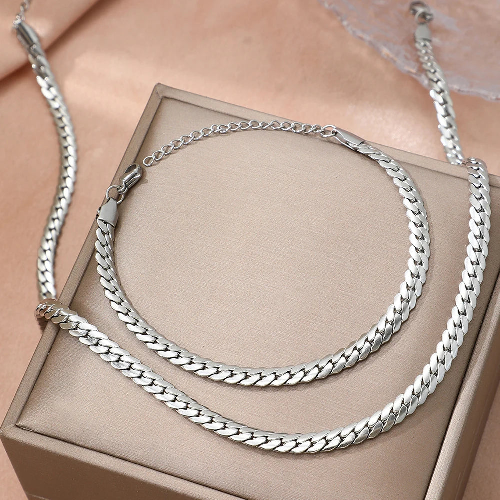 DOTIFI Edelstahl Einfache Flache Kubanische Kette Armband Halskette Schmuck-Set 18k Gold Überzogene Mode Dicke Kette Mode Schmuck