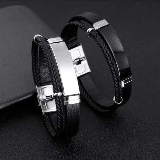 Homme Edelstahl Armband Doppel Schicht Twist Geflecht Leder Seil Armbänder Für Männer Hiphop Rock Mode Schmuck Zubehör