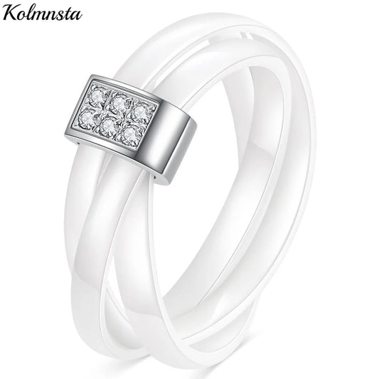 Kolmnsta Schwarz Weiß 3-lagiger Keramikring für Frauen Kreuz Edelstahl Zirkon Eheringe Verlobungsschmuck Anti-Fading