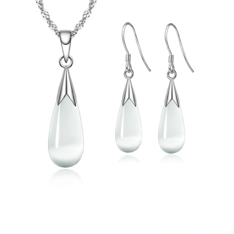 Reines 925 Sterling Silber Schmuck Set einfache weiße rosa Wasser tropfen Opal Katzenauge Steine Anhänger Halskette/Haken Ohrringe/Kette