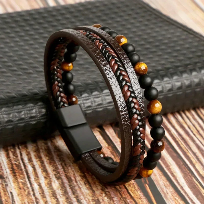 Herren Lederarmband Ferdт Klassische Mode Tigerauge Perlen Mehrschichtiges Lederarmband für Männer Schmuck Geschenk Pulseras