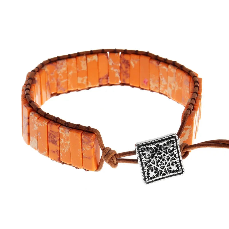 Böhmisches mehrfarbiges Kaiserstein-Armband, 7-Chakra-Heilung, rechteckige Steine, Armband, Lederseil, gewebter Armreif, Handgelenkschmuck