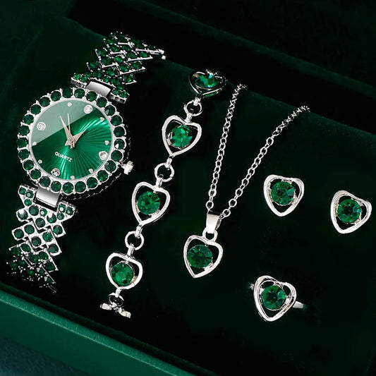 Frauen Mode Uhren Herz Strass Ring Halskette Ohrring Schmuck Set Luxus Kleid Quarz Armbanduhr einfache elegante Uhr GIF