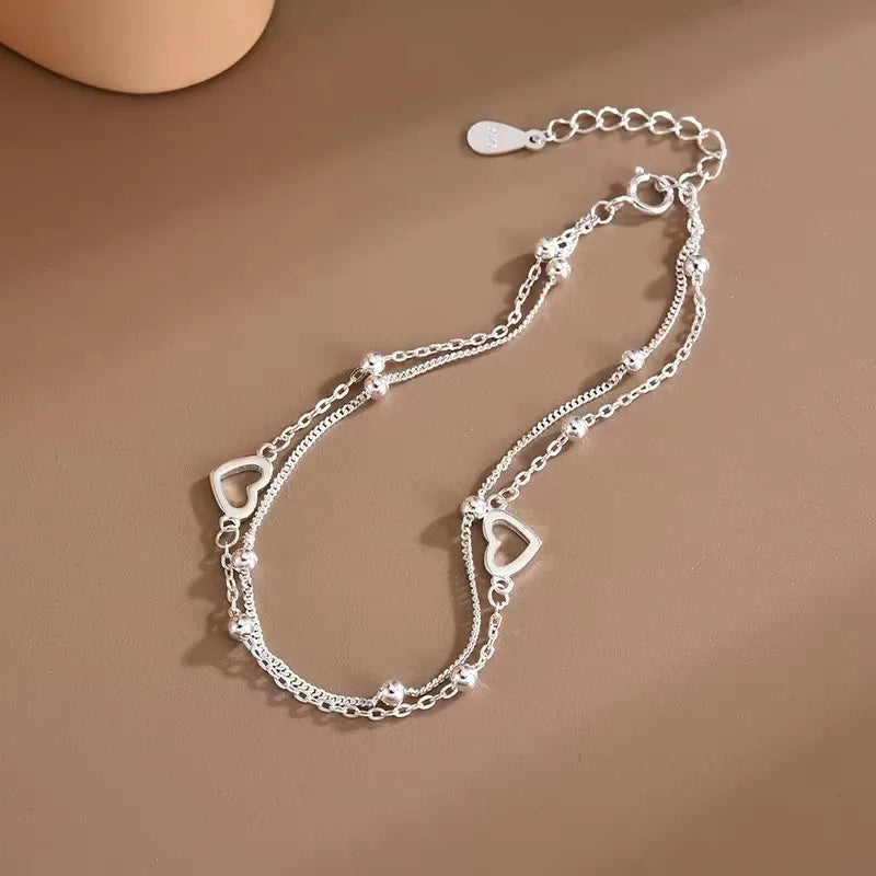 Silbernes doppellagiges Liebesherz-Armband mit hohlen runden Perlen für Frauen und Mädchen, modischer romantischer Schmuck, klassische verstellbare Geschenke