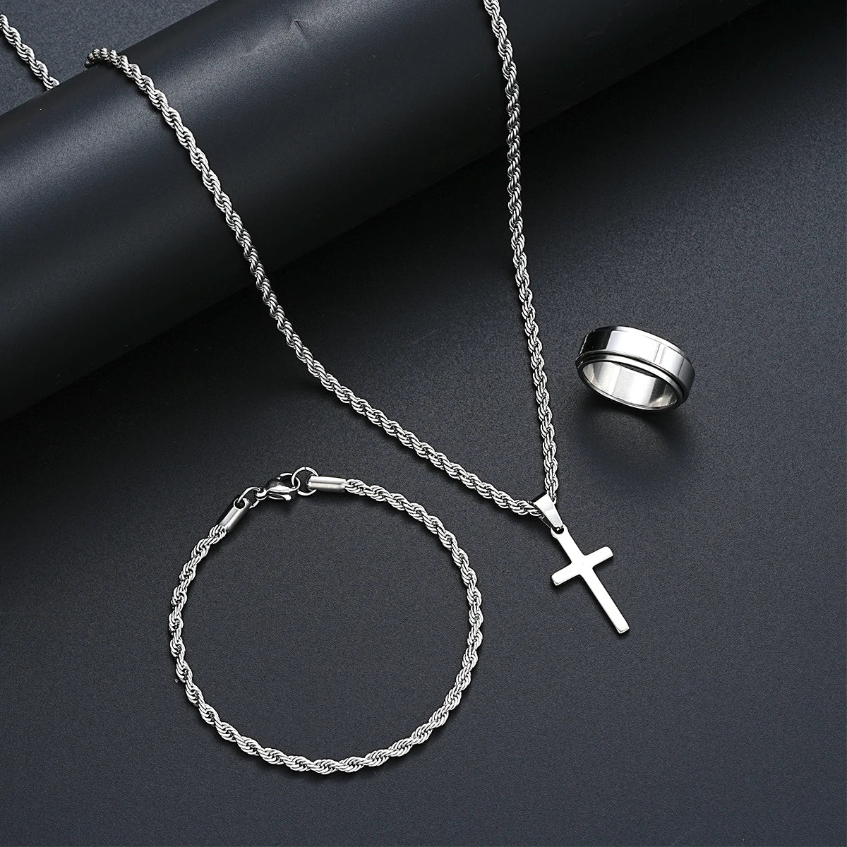 Edelstahl Einfache Schmuck-Set Für Männer Frauen Mode Silber Farbe Kreuz Anhänger Twisted Seil Halskette Armbänder Ring Geschenke