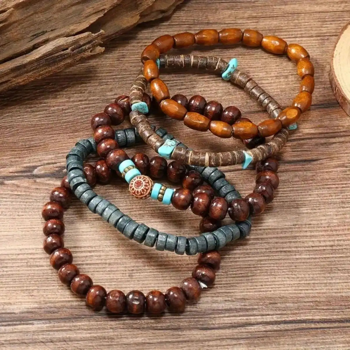 5-teiliges Set im Retro-Stil, einfach und modisch, cooles Armband, Kokosnussschalen-Armband mit Holzperlen. Geeignet für Männer/Damen/Paare Dail