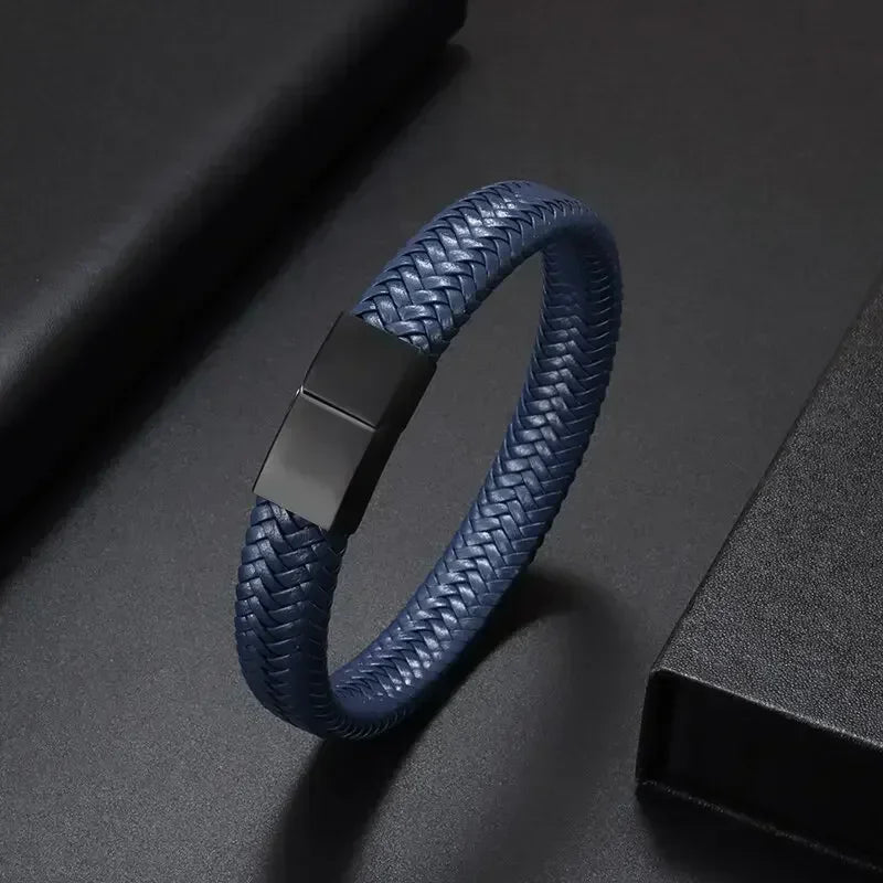 Klassisches einlagiges schwarzes handgewebtes Lederarmband mit Metall-Magnetverschluss, Herrenmode, Business-Schmuck, Geschenk