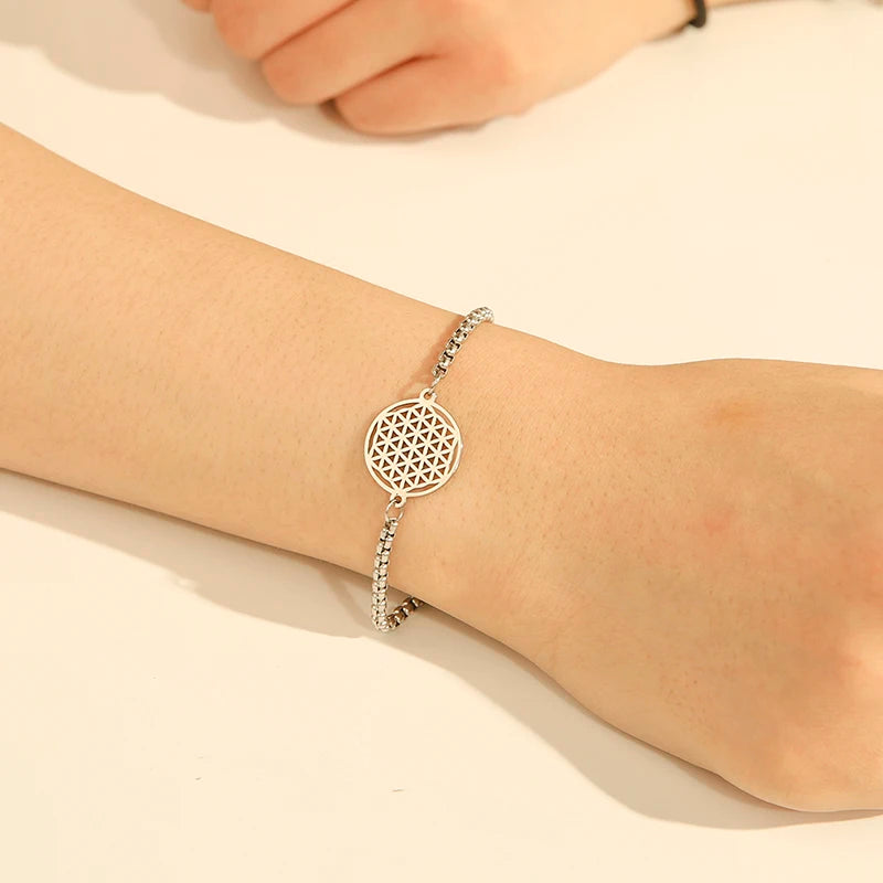Lucktune Wikinger Blume des Lebens Armband für Frauen Edelstahl Hohl Geometrische Box Kette Handgelenk Armbänder Wicca Schmuck Geschenk