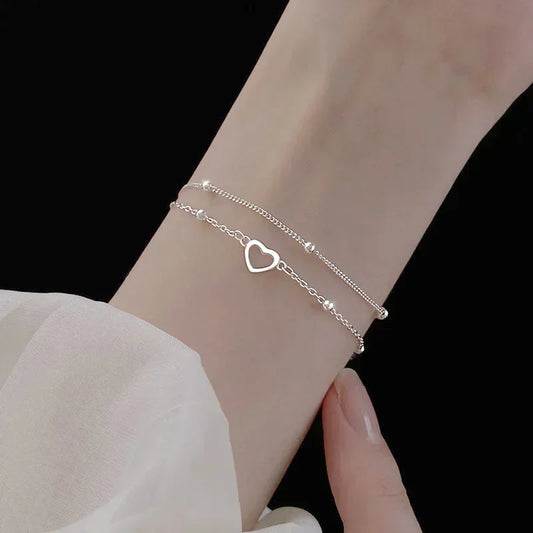 Armband aus 925er-Sterlingsilber, doppeltes Liebesherz, hohle runde Perlen, Damenmode, romantischer Schmuck, klassisch, verstellbar, Geschenke