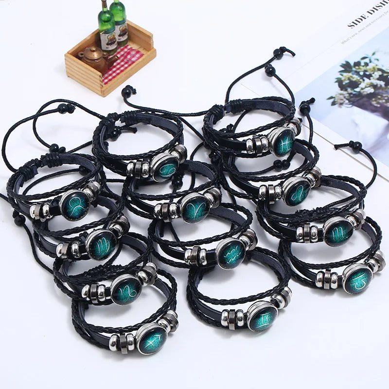 Mehr schicht iges Leder armband 12 Sternbild Sternzeichen Herren Damen geflochtene Armbänder Leo Skorpion Jungfrau Schmuck