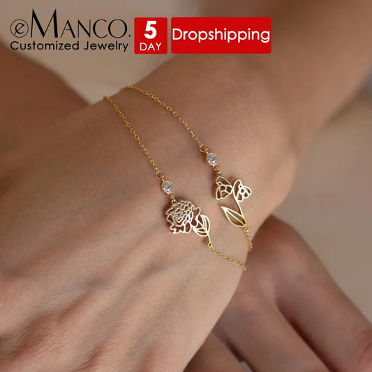 eManco Geburtstagsblume mit Geburtssteinen-Armbändern für Frauen, Edelstahl-Schmuck, individuelles Armband, personalisierte Geschenke für Freundin